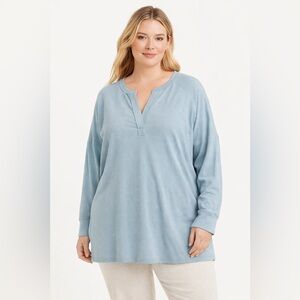 Lou & Grey Terry Split Neck Long Sleeve Pullover Top Dusty Blue XL NWT Lounge